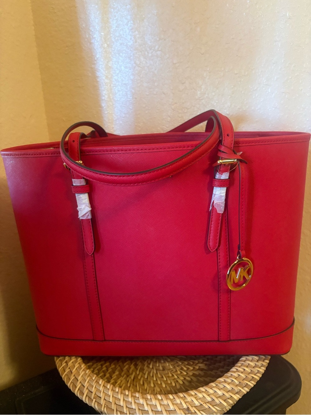 Michael Kors Bright Red Saffiano Tote with Gold MK Charm